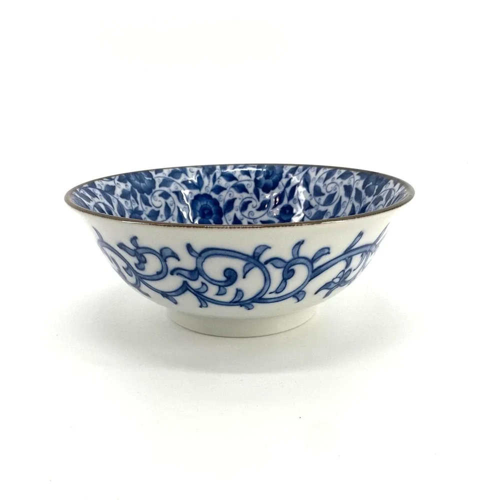 Blue Floral & Vines Porcelain Bowl Decorative Accent Entryway Bowl Display Bowl